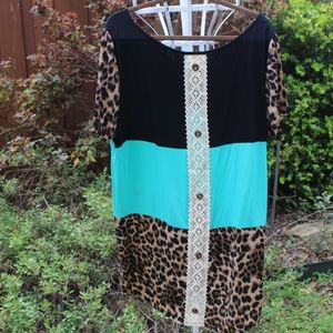 Black & Turquoise Top with leopard accents - 3XL